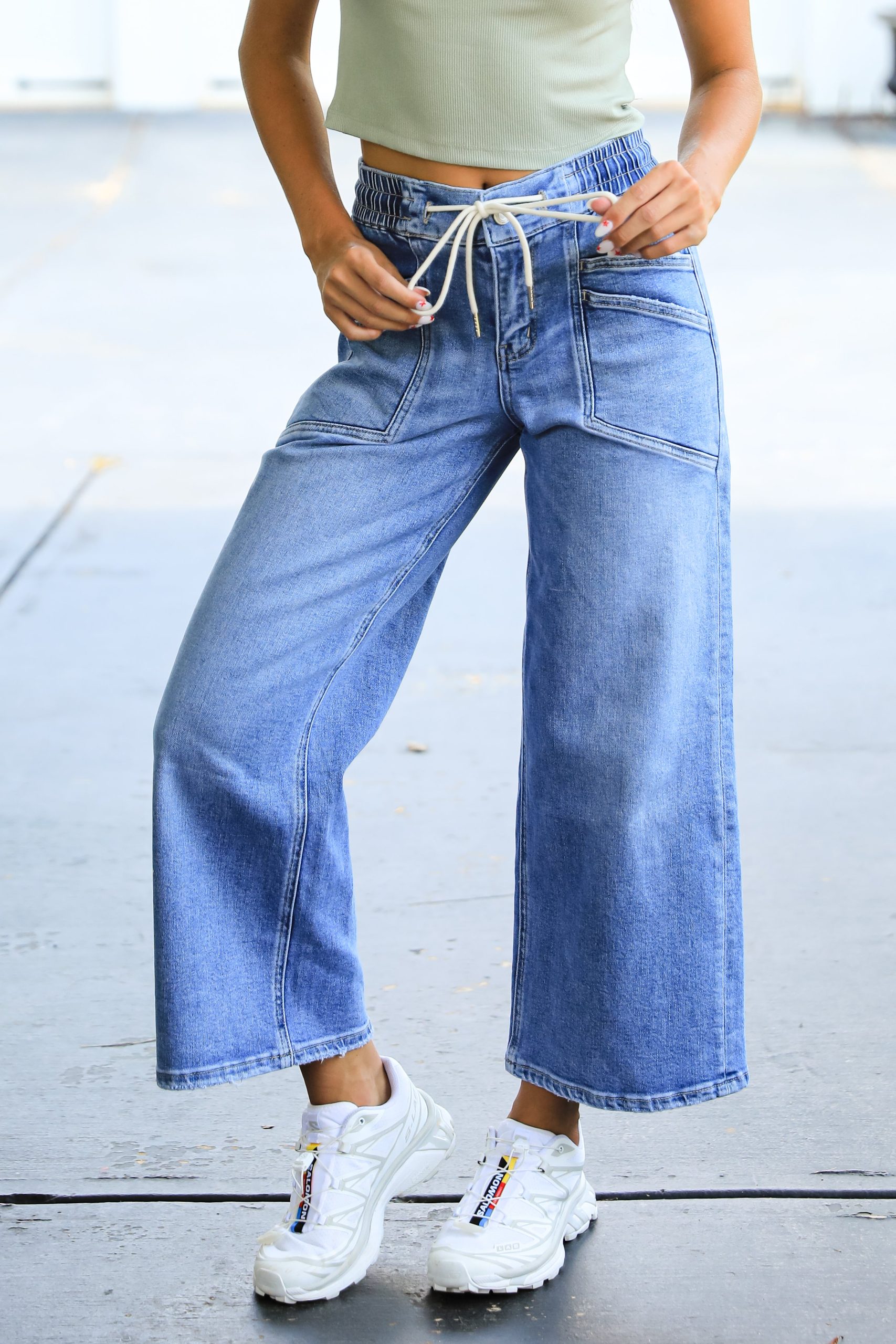 FINAL SALE - Sutton Medium Wash High-Rise Drawstring Wide Leg Jeans