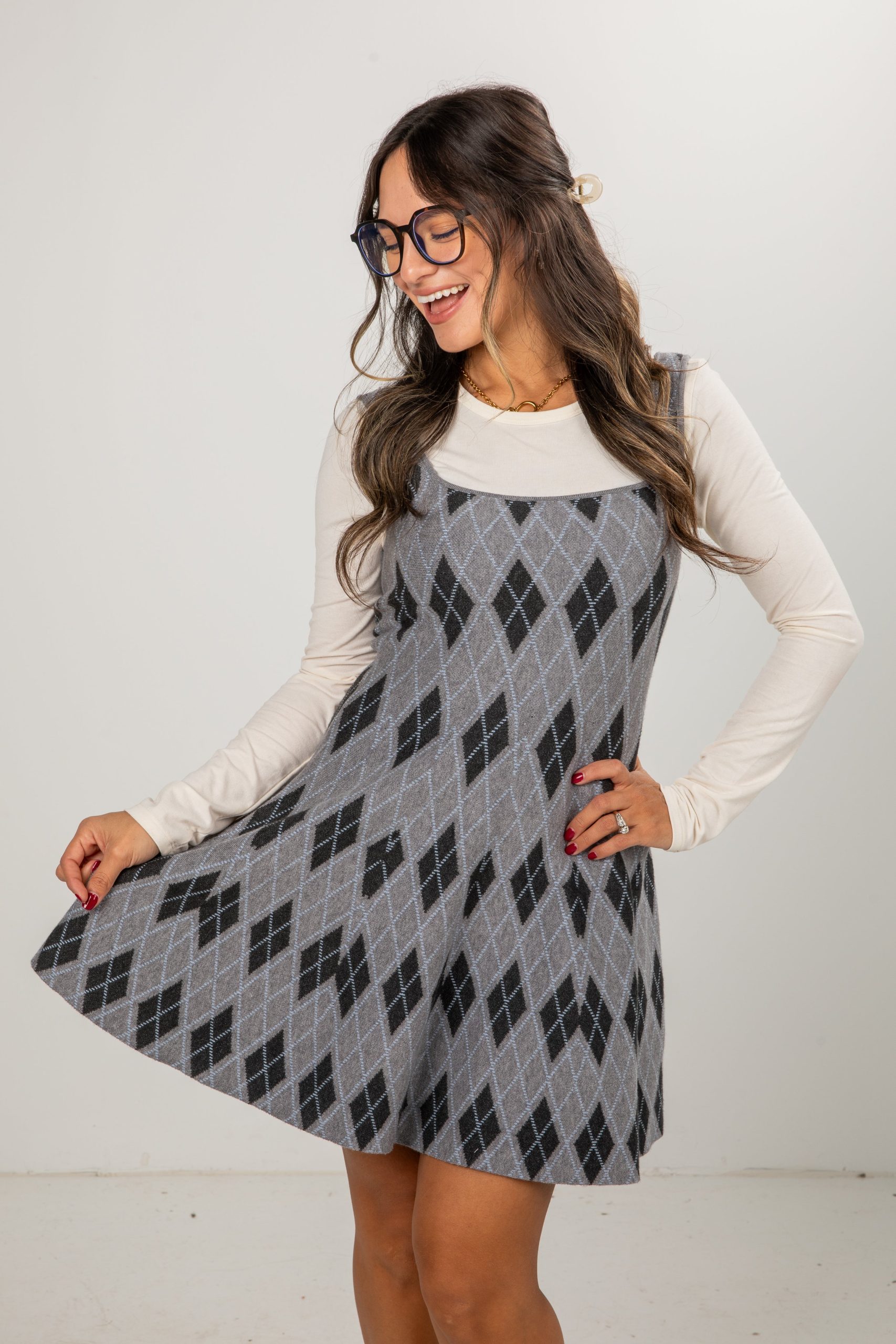 FINAL SALE - Frosted Argyle Heather Grey Sweater Dress - Image 5