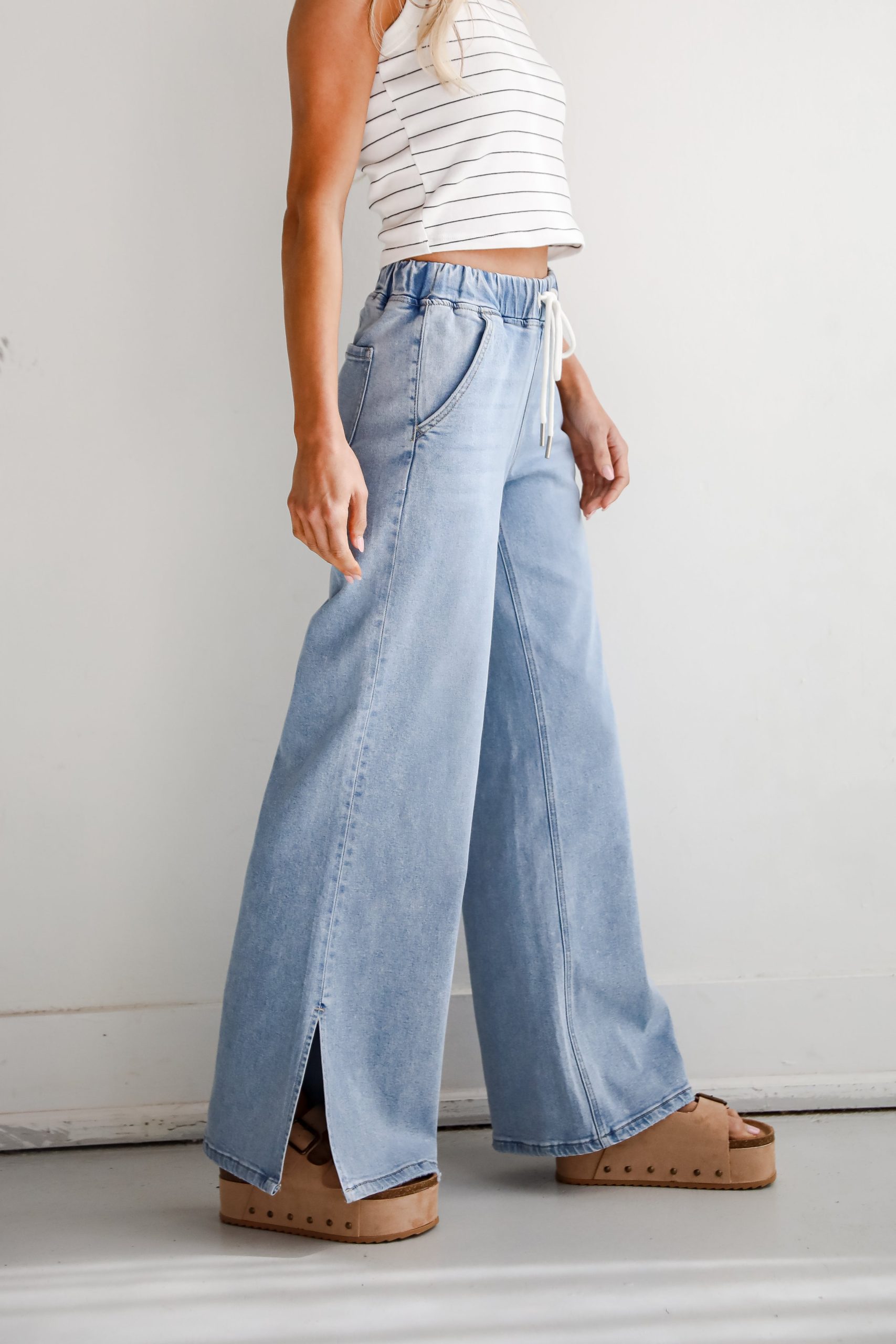 FINAL SALE - Carla Light Wash High-Rise Drawstring Waist Wide Leg Jeans - Image 4
