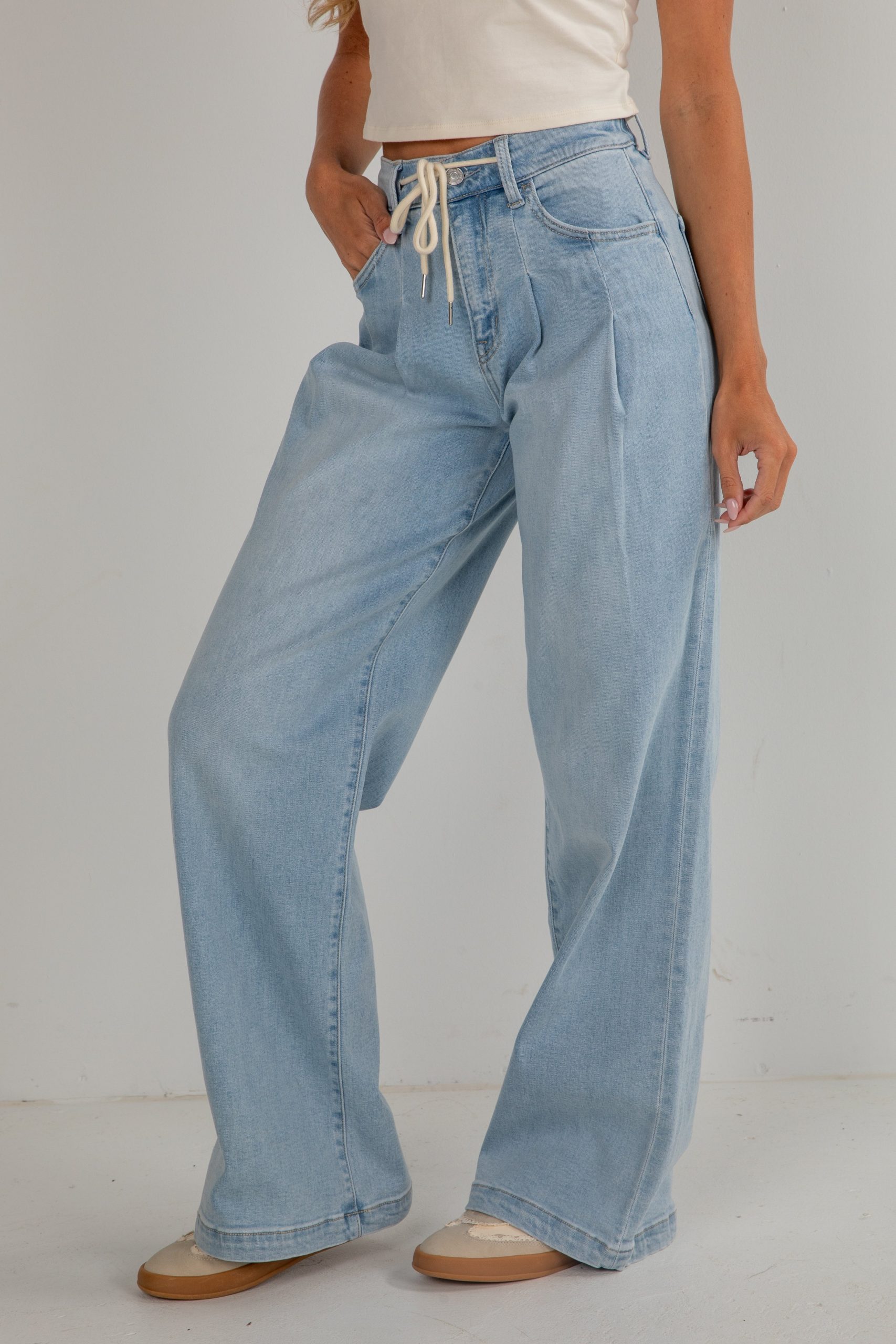 Cara Light Wash High-Rise Drawstring Wide Leg Jeans - Image 3