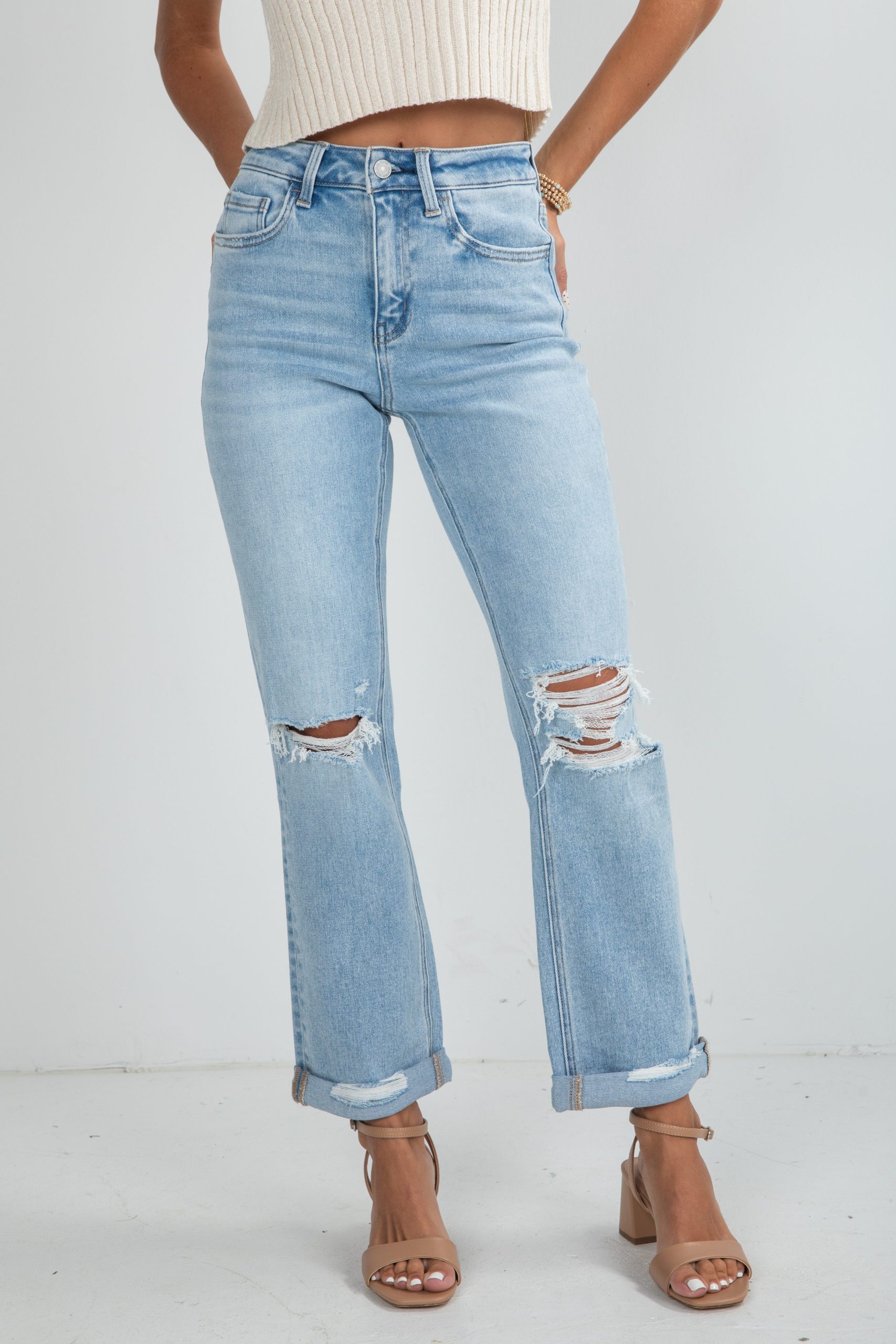 Alex Light Wash High-Rise Distressed Straight Leg Jeans