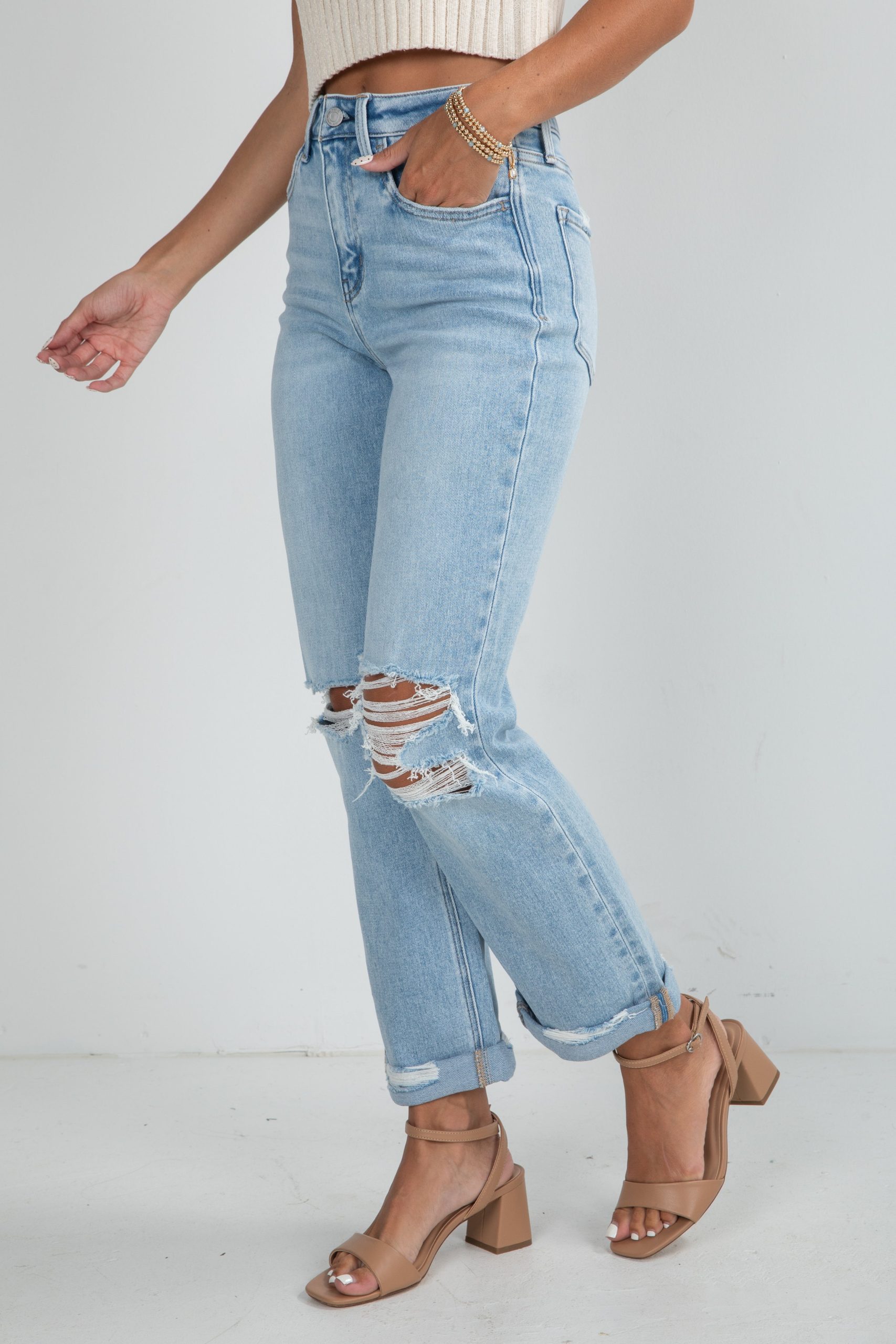 Alex Light Wash High-Rise Distressed Straight Leg Jeans - Image 3