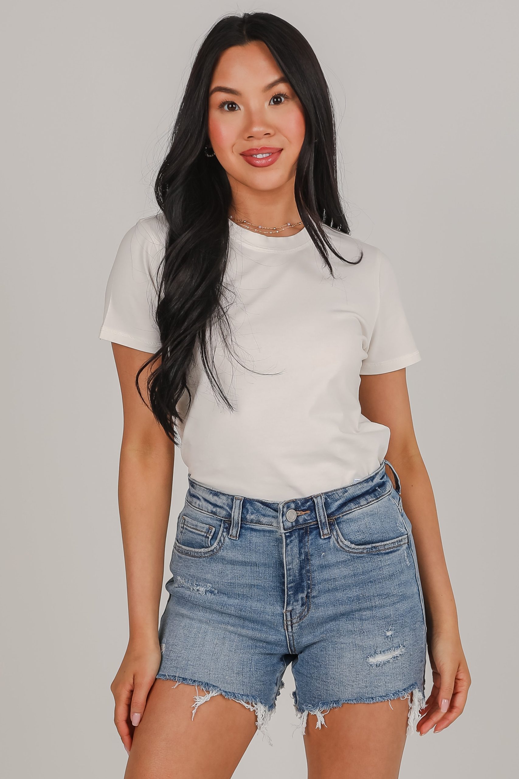 Leah Medium Wash Distressed Denim Shorts - Image 2