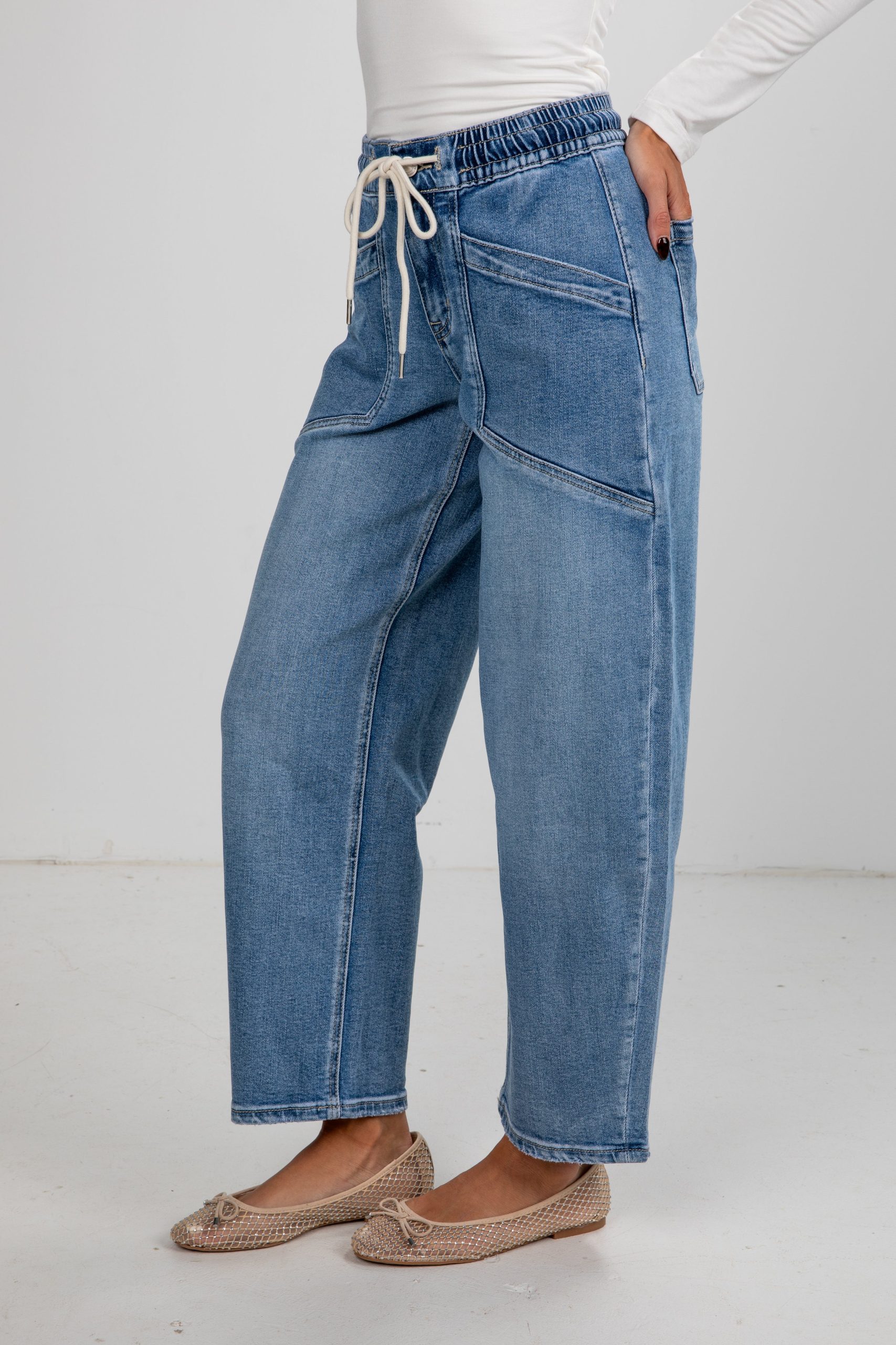 Lydia Medium Wash High-Rise Drawstring Barrel Jeans - Image 3