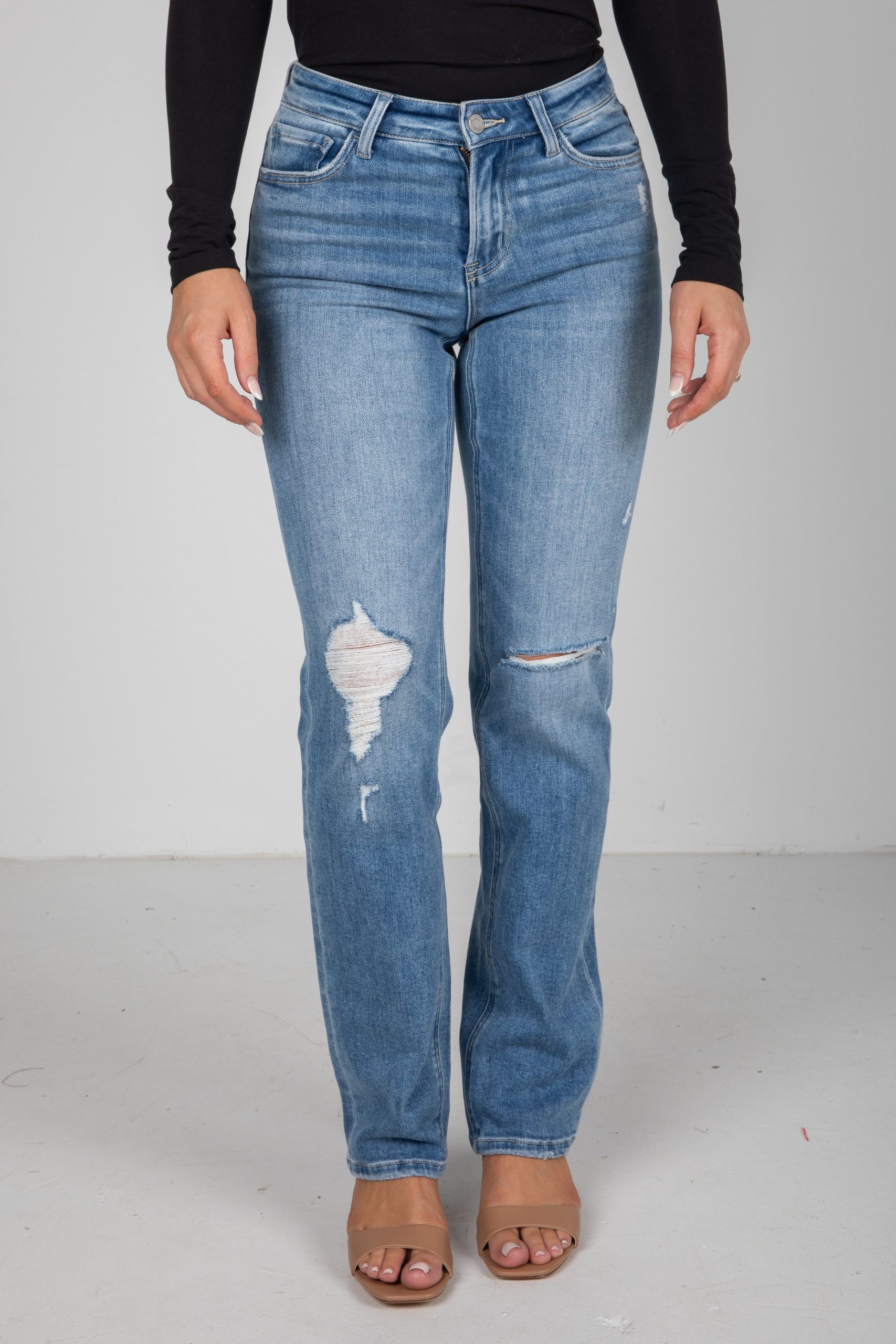 Rylee Medium Wash High-Rise Distressed Straight Leg Jeans - Image 2
