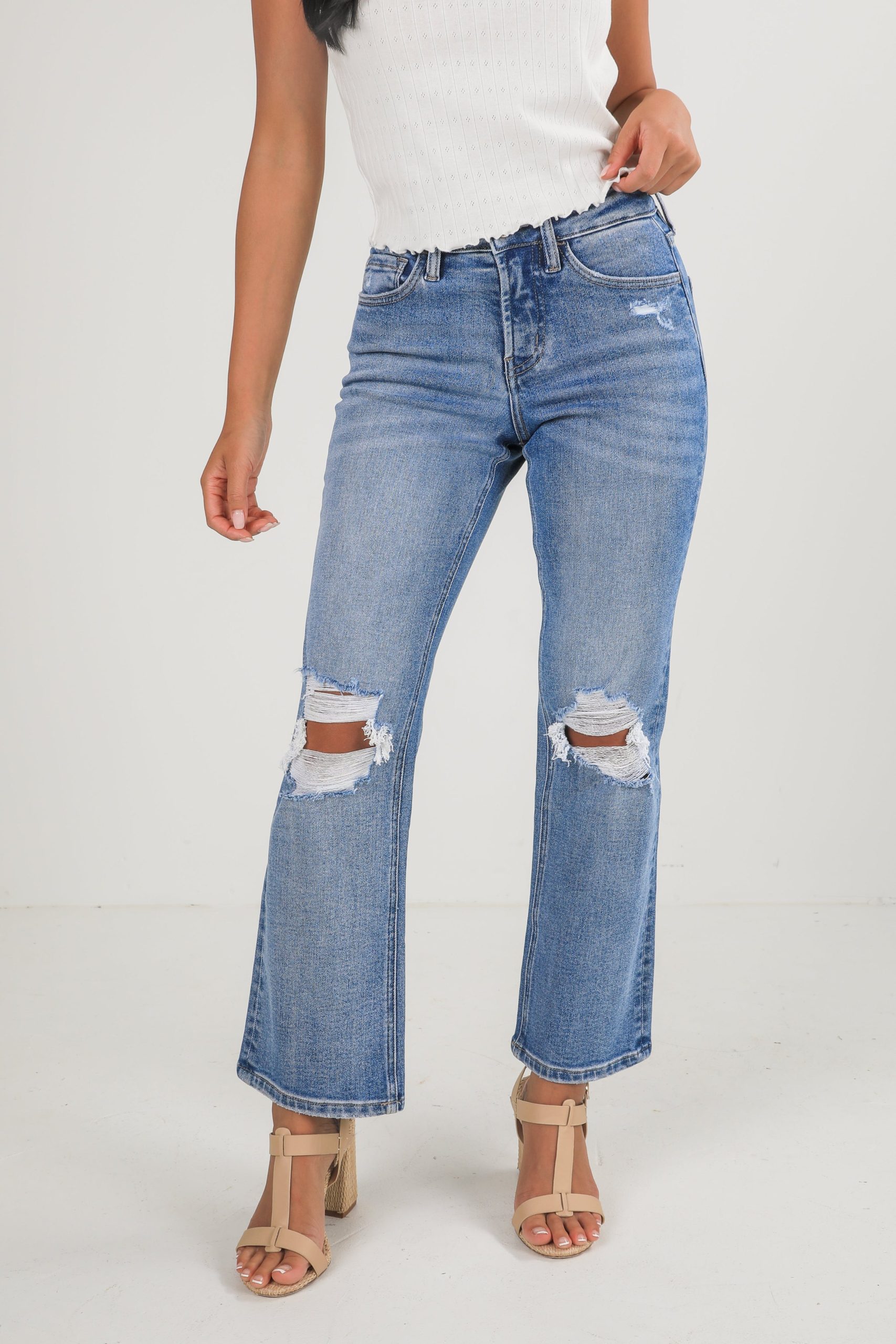Ella Medium Wash High-Rise Distressed Straight Leg Jeans