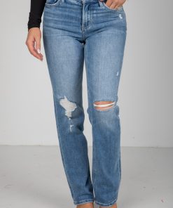 Rylee Medium Wash High-Rise Distressed Straight Leg Jeans