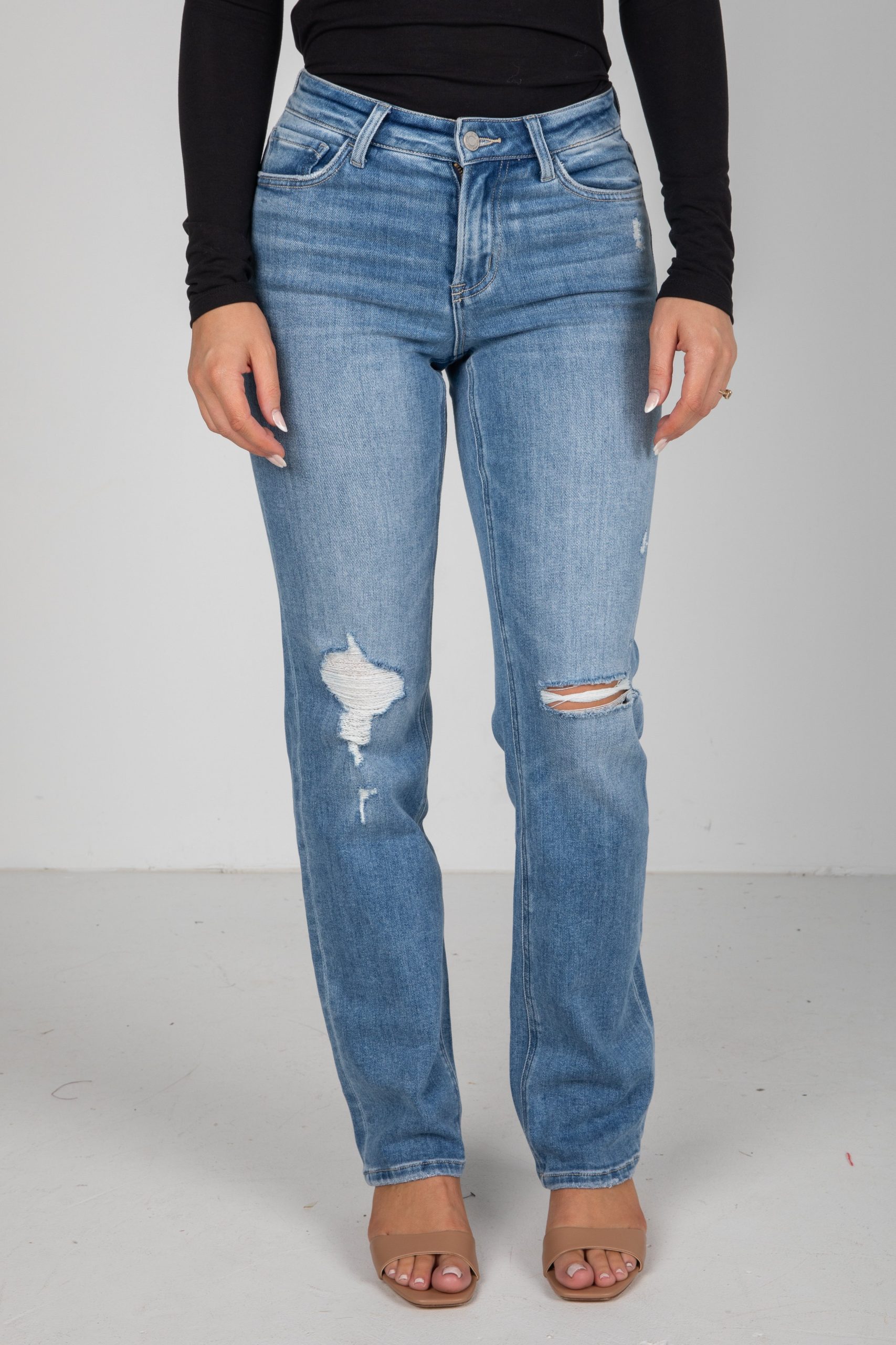 Rylee Medium Wash High-Rise Distressed Straight Leg Jeans - Image 5
