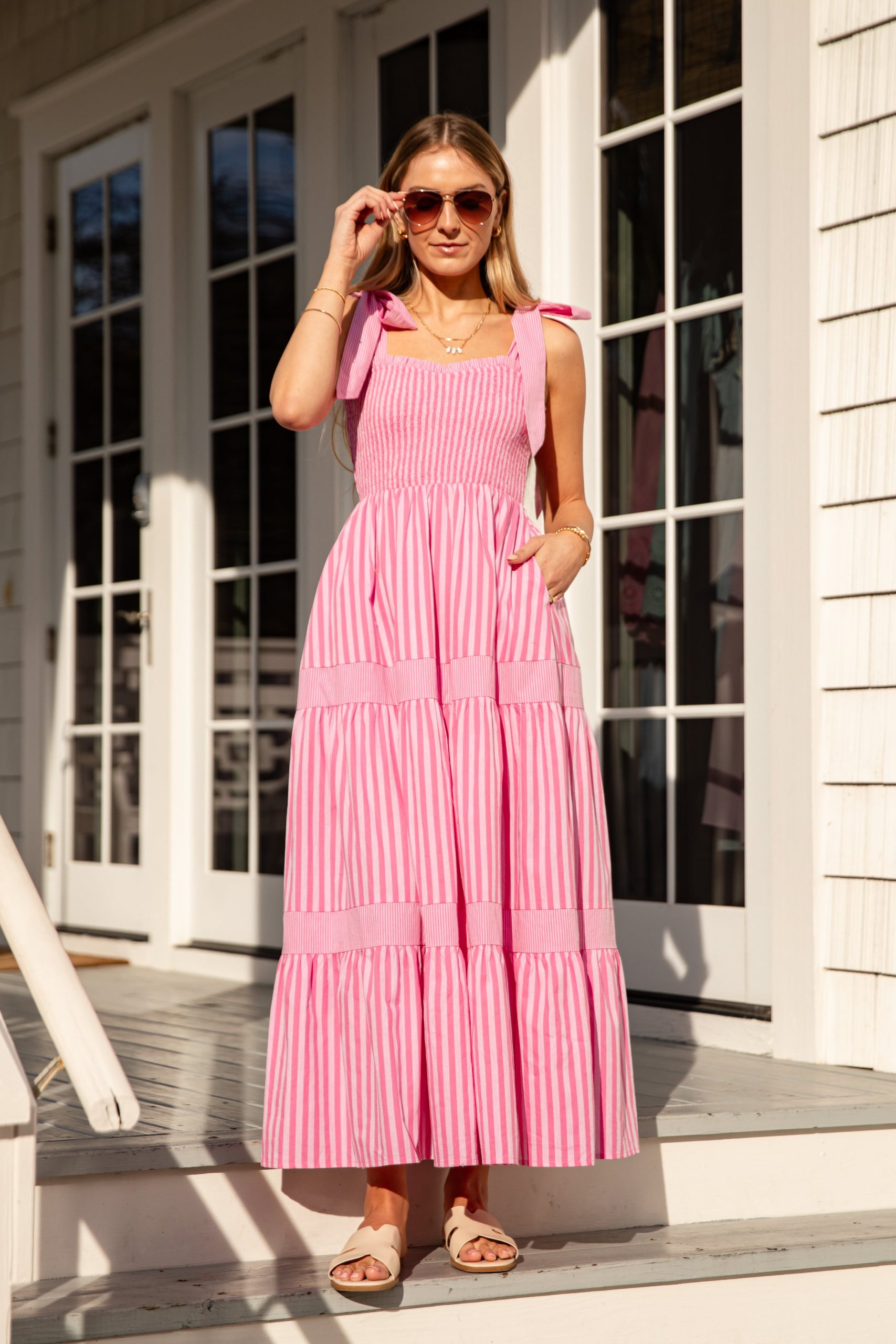 Pink Promenade Striped Tie-Shoulder Midi Dress - Image 5